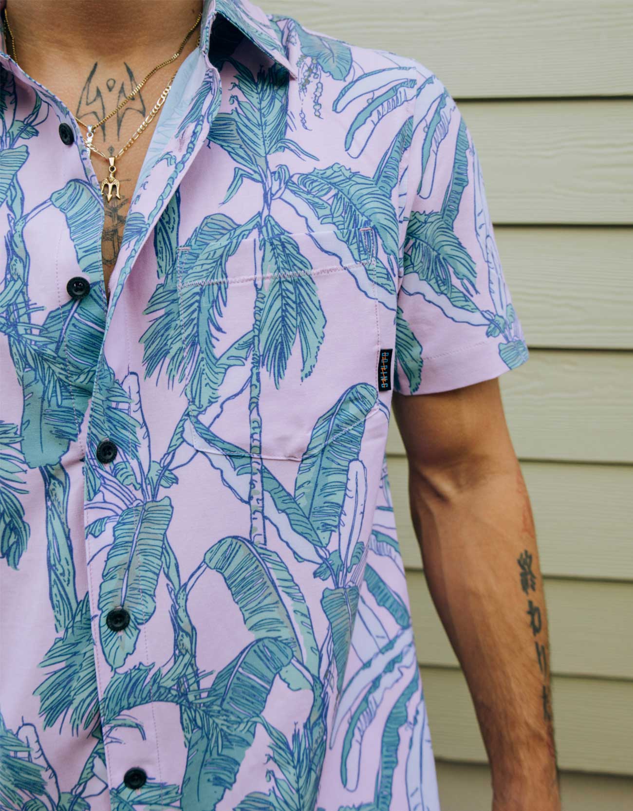 Baja Llama pink and green tropical leaf print Recycled Poly stretch short sleeve button up shirt