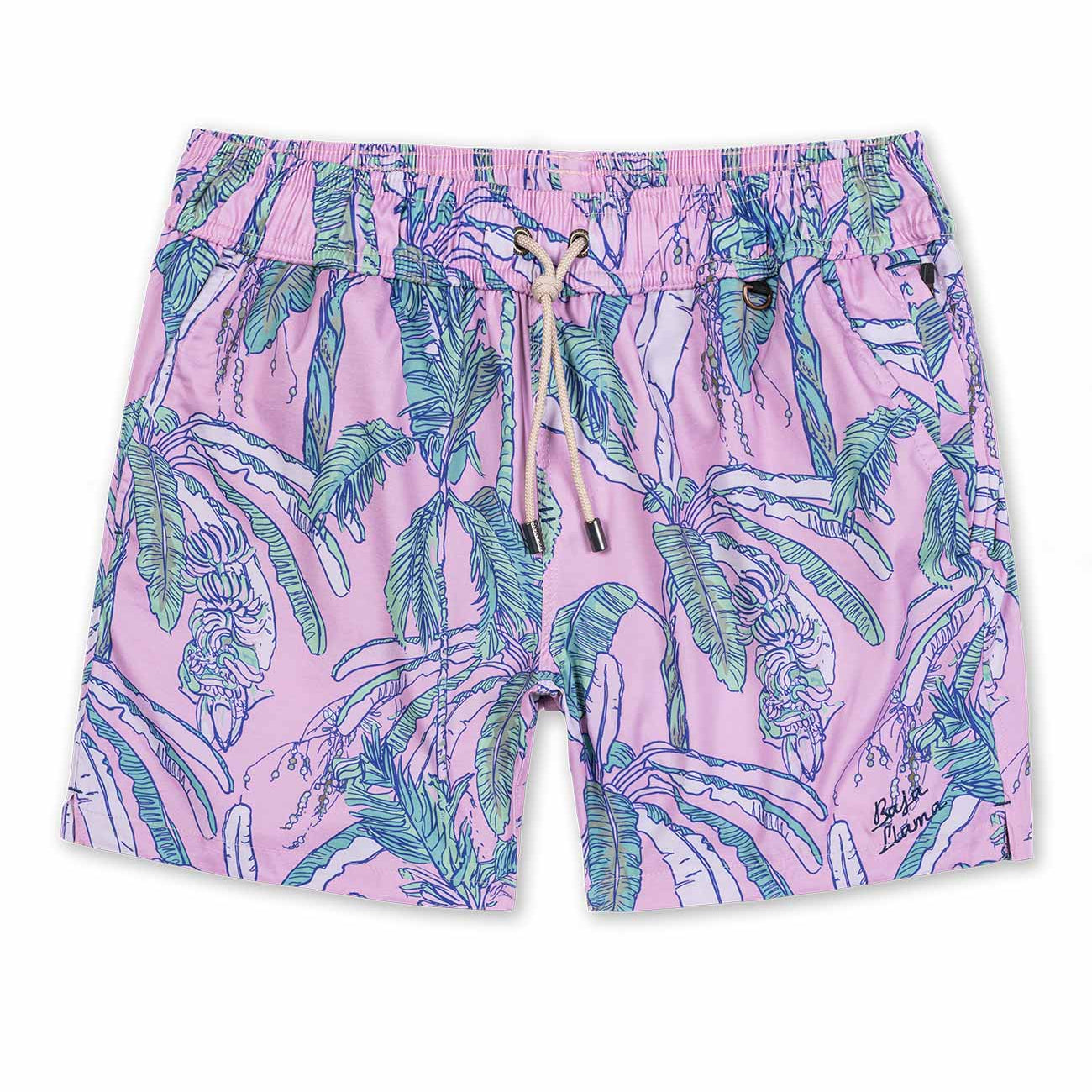 Pink nature-inspired men's swimsuit featuring tropical trees print and embroidered baja llama logo. 
