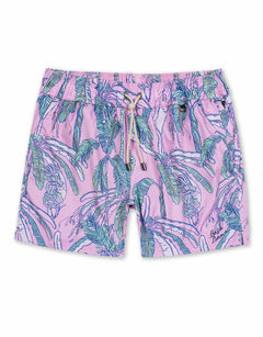 Pink nature-inspired men's swimsuit featuring tropical trees print and embroidered baja llama logo. 