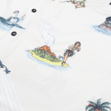 Baja Llama Light button-up with U.S. Navy inspired whimsical island and sea monster artwork. Perfect for standout tropical style.
