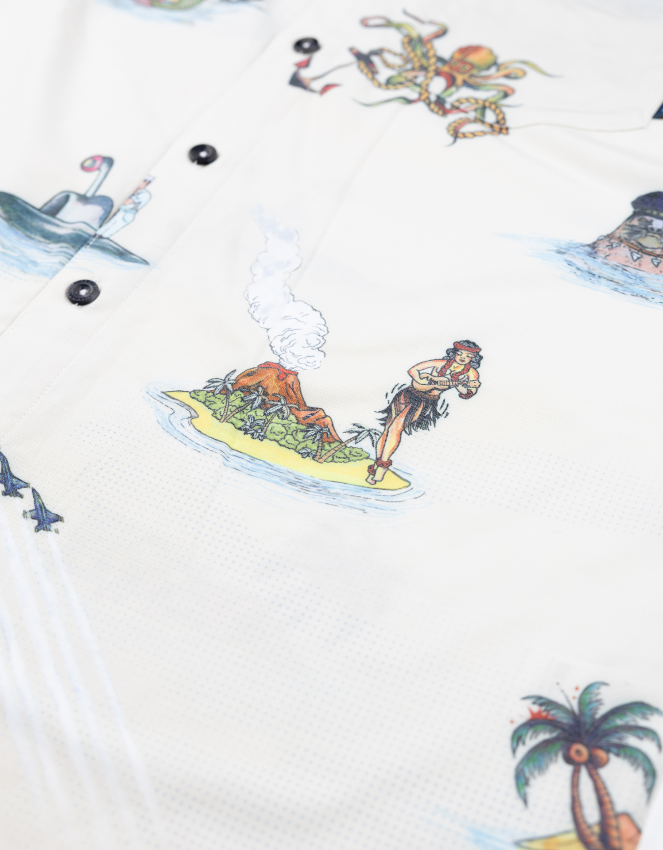 Baja Llama Light button-up with U.S. Navy inspired whimsical island and sea monster artwork. Perfect for standout tropical style.