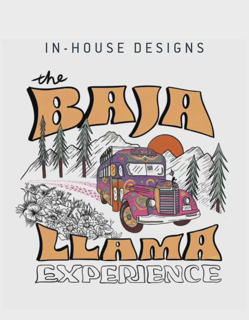 Bus Experience graphic tee by Baja Llama. Light teal tee with a retro bus design. Soft fabric and relaxed fit, perfect for laid-back, adventurous style.