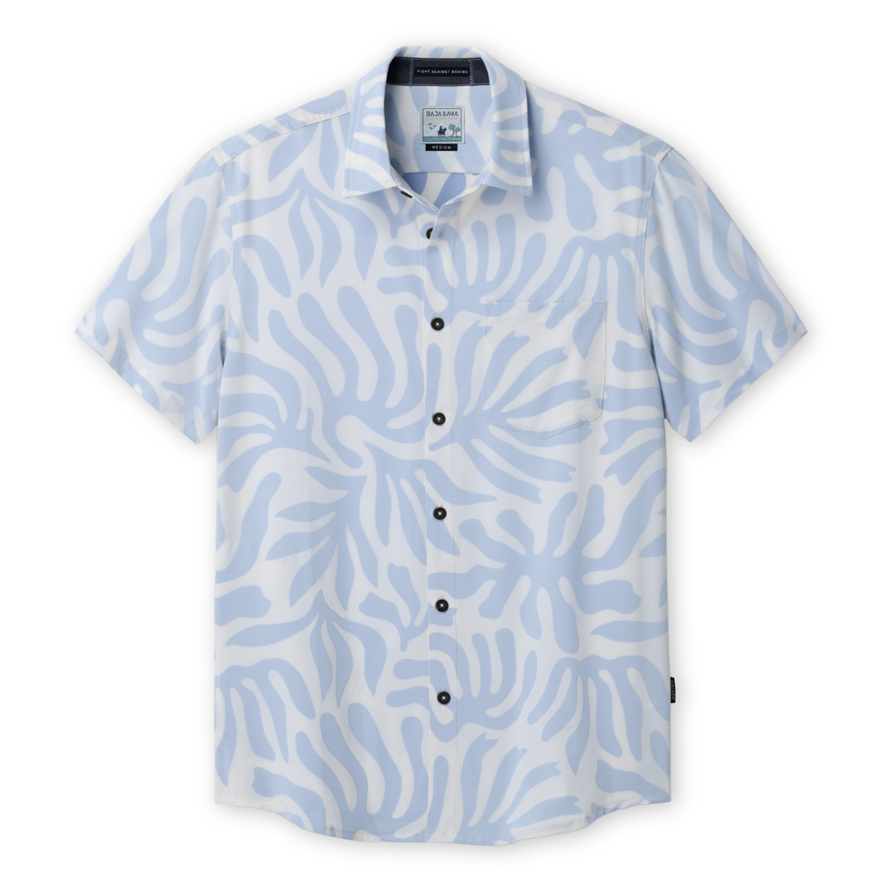 Flat lay of Purple Leafs Reverse button-up shirt with abstract violet leaf pattern