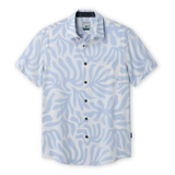 Flat lay of Purple Leafs Reverse button-up shirt with abstract violet leaf pattern