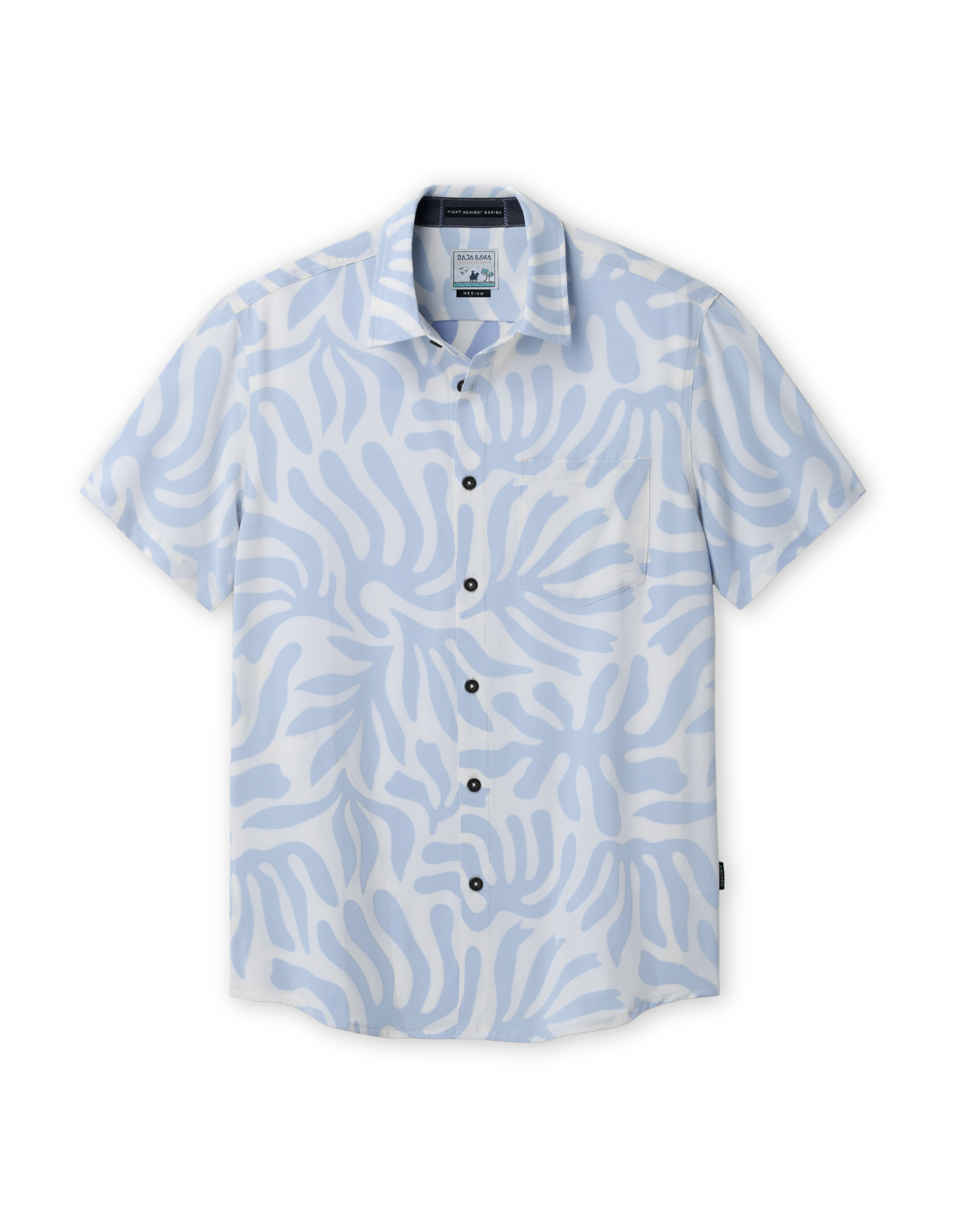 Flat lay of Purple Leafs Reverse button-up shirt with abstract violet leaf pattern