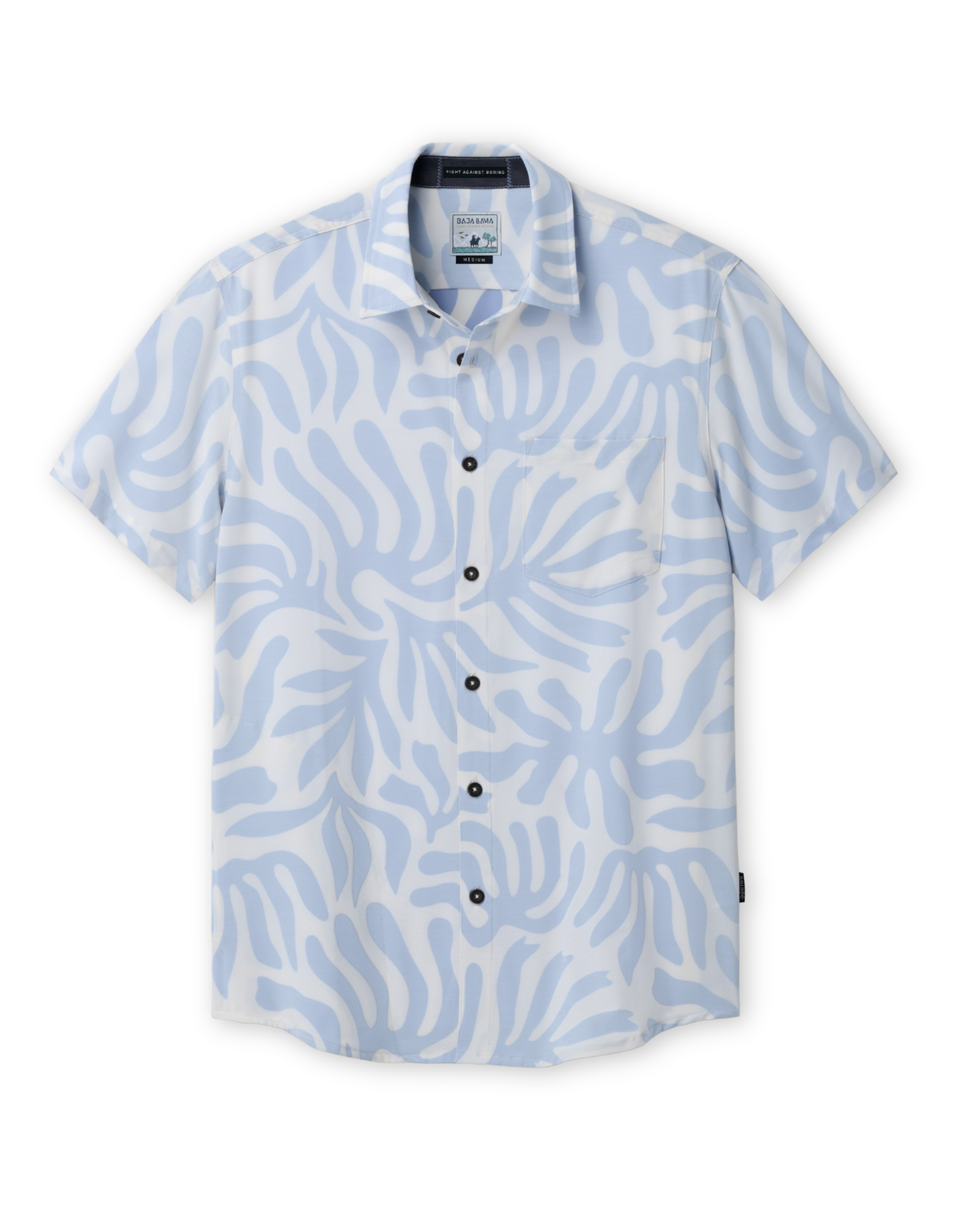 Flat lay of Purple Leafs Reverse button-up shirt with abstract violet leaf pattern