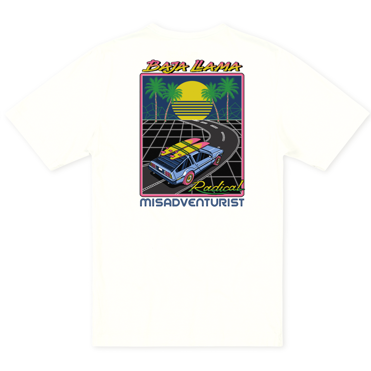 Back flat-lay view of the Baja Llama Radical Misadventurist Off White Primo Graphic Tee, showing a solid cream-colored t-shirt featuring a large 1980s synthwave-style graphic printed on the center back.