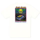 Back flat-lay view of the Baja Llama Radical Misadventurist Off White Primo Graphic Tee, showing a solid cream-colored t-shirt featuring a large 1980s synthwave-style graphic printed on the center back.