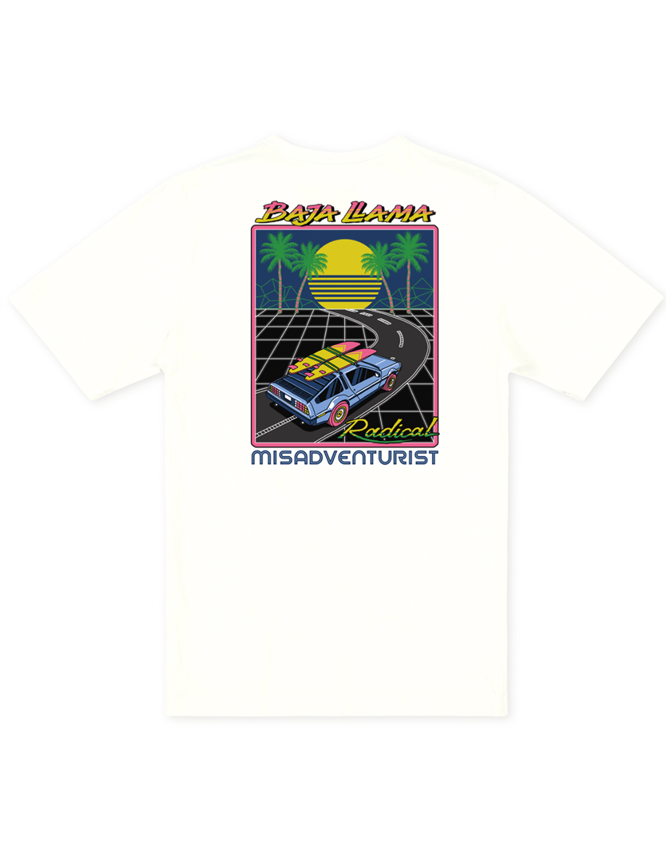 Back flat-lay view of the Baja Llama Radical Misadventurist Off White Primo Graphic Tee, showing a solid cream-colored t-shirt featuring a large 1980s synthwave-style graphic printed on the center back.