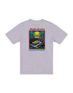 Back flat-lay view of the Baja Llama Radical Misadventurist Purple Acid Wash Primo Graphic Tee, showing a light purple t-shirt with a vintage acid-washed texture and a large 1980s synthwave-style graphic printed on the center back.