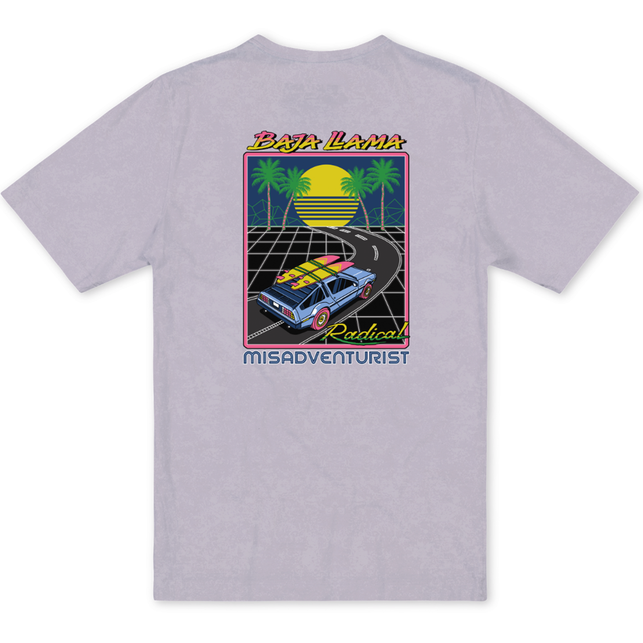 Back flat-lay view of the Baja Llama Radical Misadventurist Purple Acid Wash Primo Graphic Tee, showing a light purple t-shirt with a vintage acid-washed texture and a large 1980s synthwave-style graphic printed on the center back.
