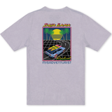 Back flat-lay view of the Baja Llama Radical Misadventurist Purple Acid Wash Primo Graphic Tee, showing a light purple t-shirt with a vintage acid-washed texture and a large 1980s synthwave-style graphic printed on the center back.