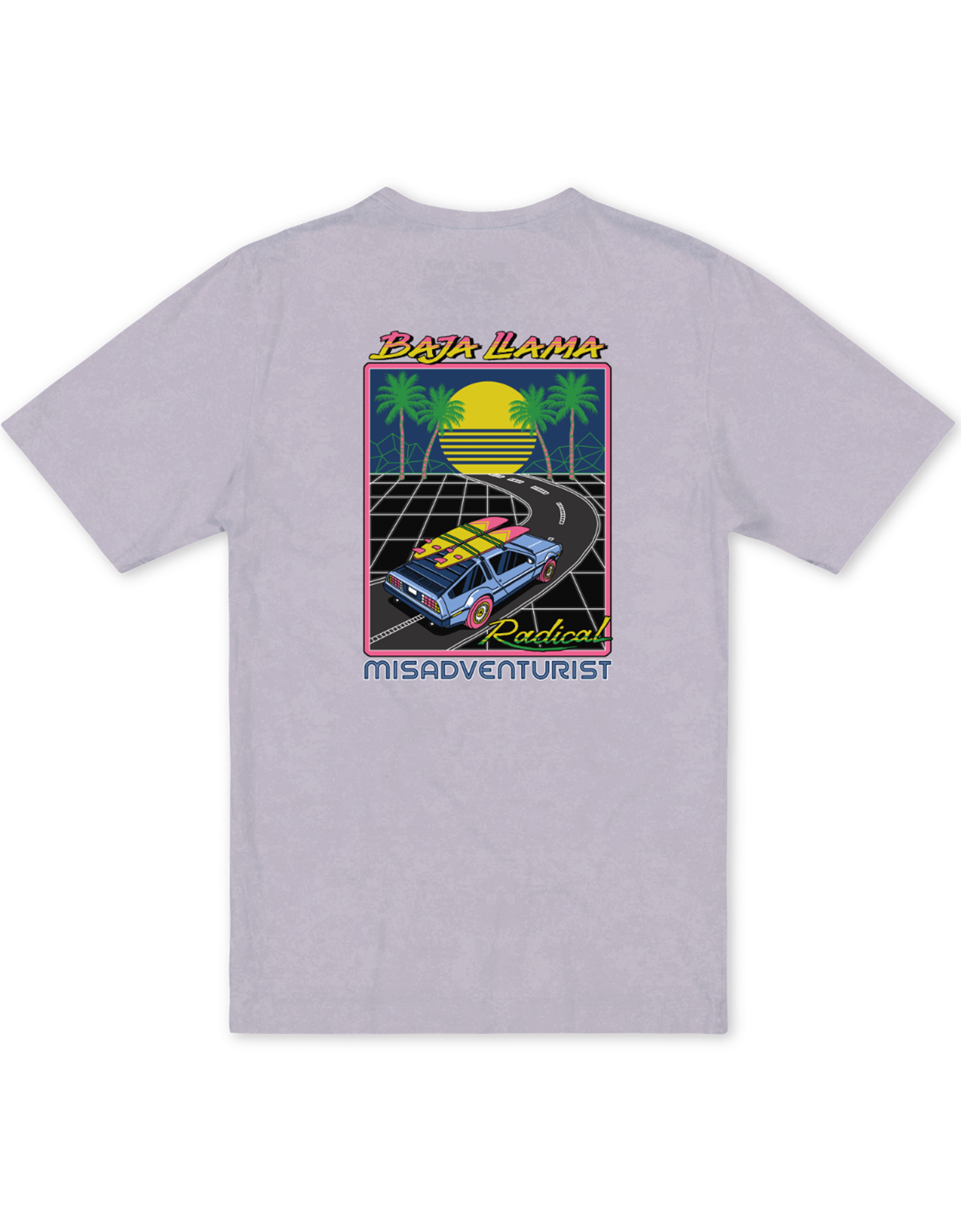 Back flat-lay view of the Baja Llama Radical Misadventurist Purple Acid Wash Primo Graphic Tee, showing a light purple t-shirt with a vintage acid-washed texture and a large 1980s synthwave-style graphic printed on the center back.