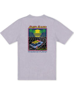 Back flat-lay view of the Baja Llama Radical Misadventurist Purple Acid Wash Primo Graphic Tee, showing a light purple t-shirt with a vintage acid-washed texture and a large 1980s synthwave-style graphic printed on the center back.