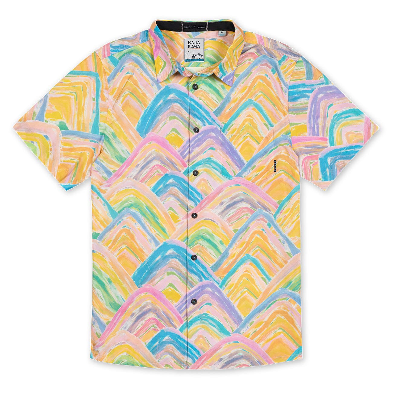 Button up shirt with digitally printed rainbow mountain inspired watercolor design