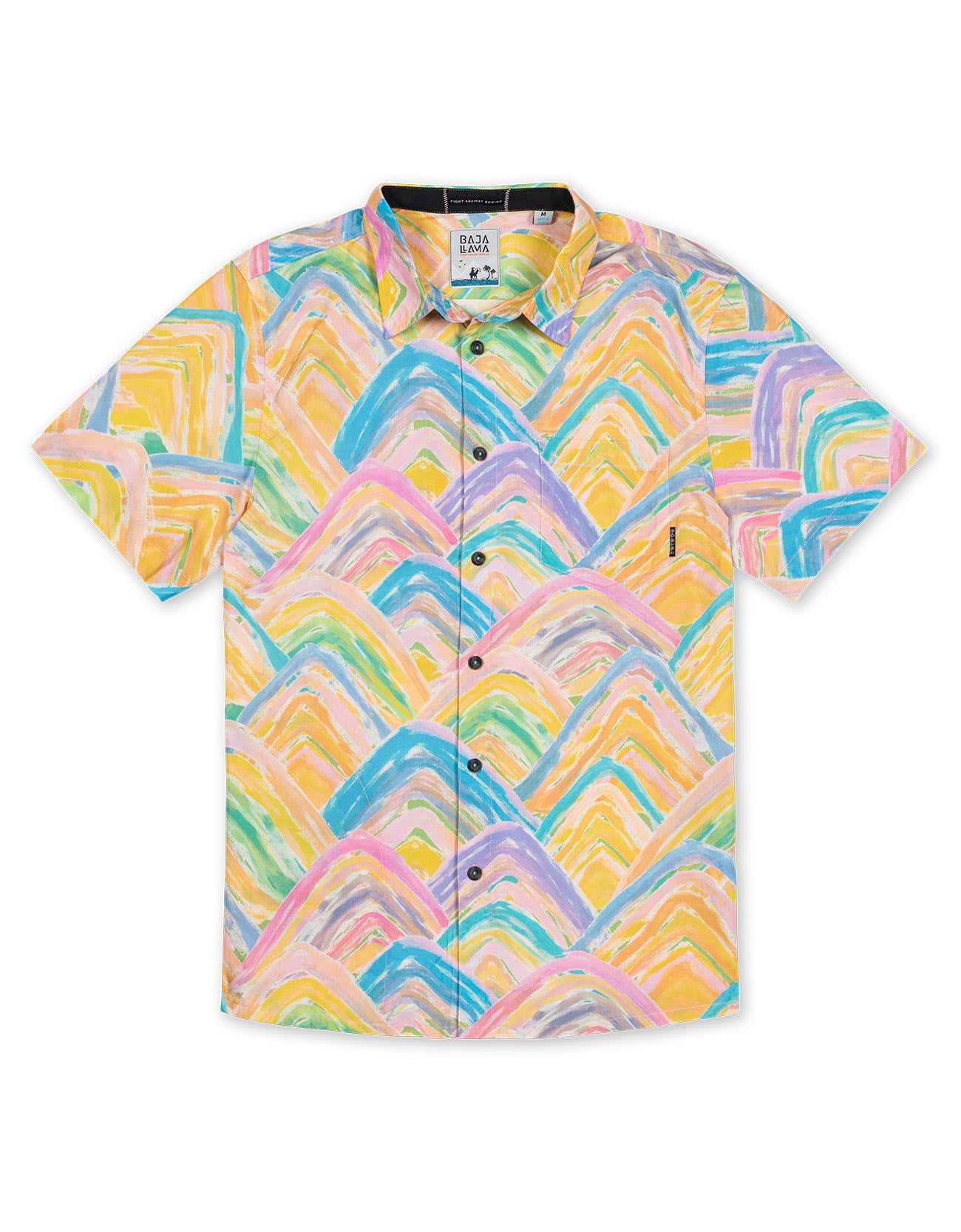 Button up shirt with digitally printed rainbow mountain inspired watercolor design