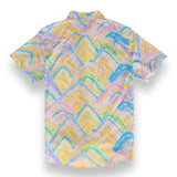 Button up shirt with digitally printed rainbow mountain inspired watercolor design