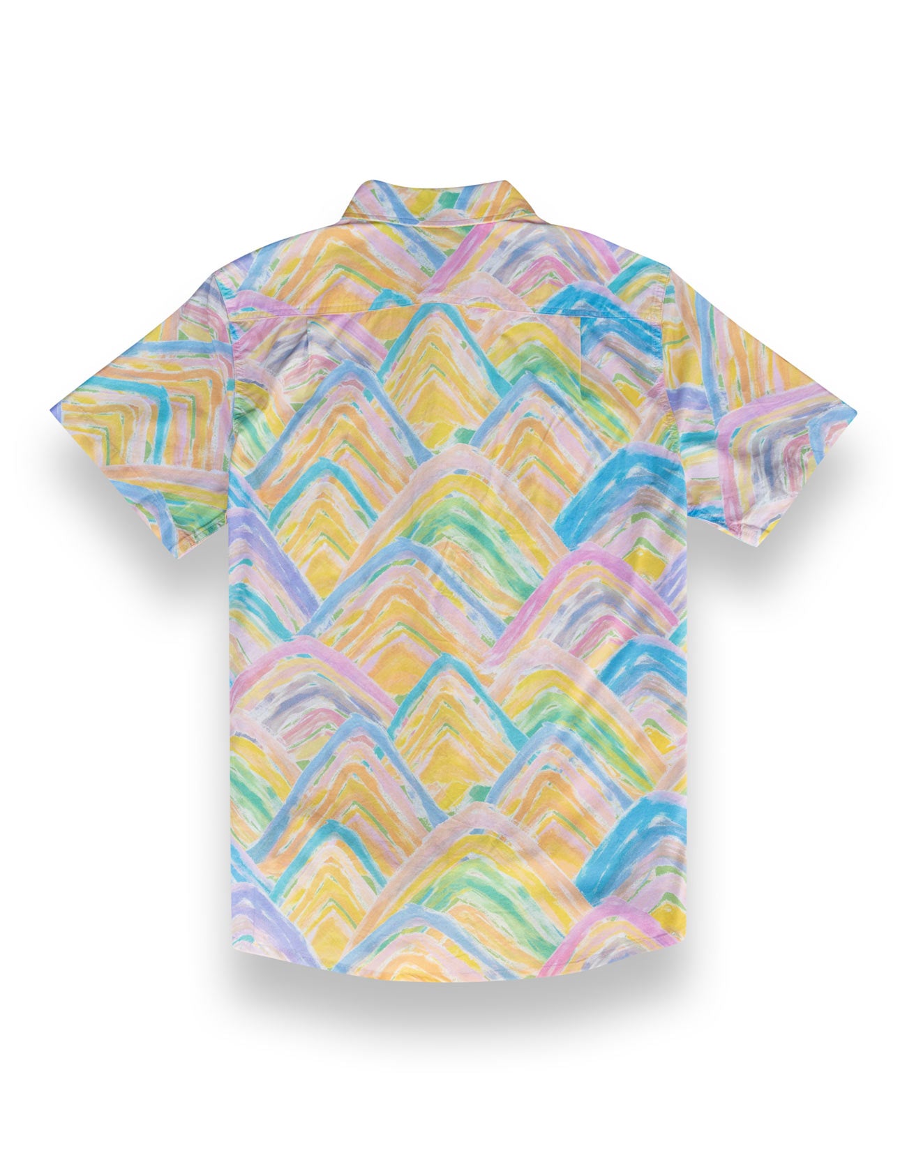 Button up shirt with digitally printed rainbow mountain inspired watercolor design