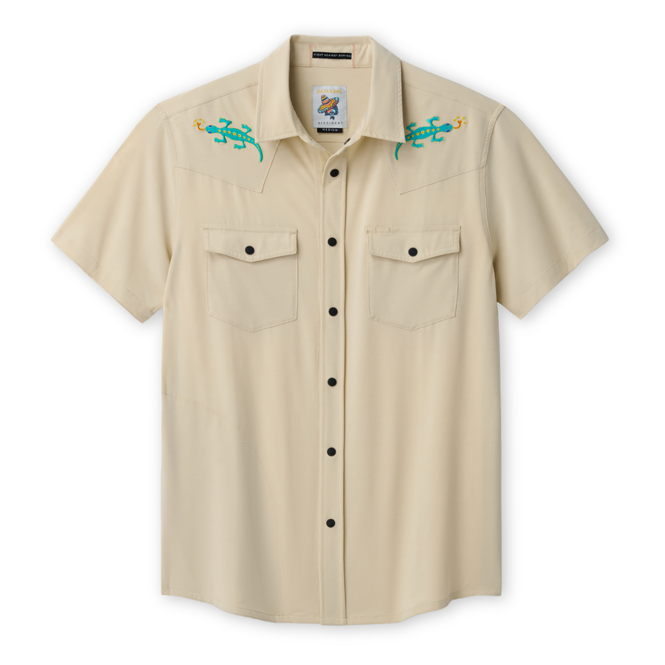 Beige short-sleeve shirt with embroidered lizard designs on a white background