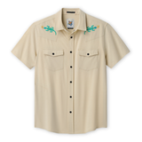 Beige short-sleeve shirt with embroidered lizard designs on a white background