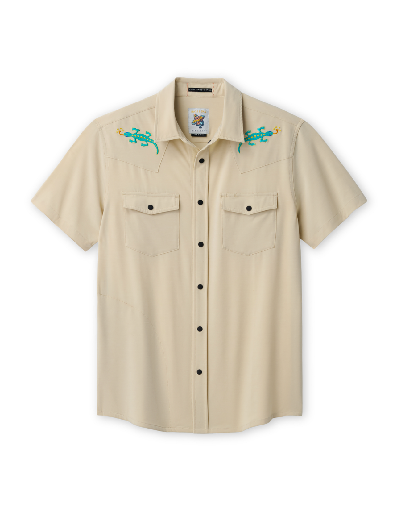 Beige short-sleeve shirt with embroidered lizard designs on a white background