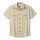 Beige short-sleeve shirt with embroidered lizard designs on a white background