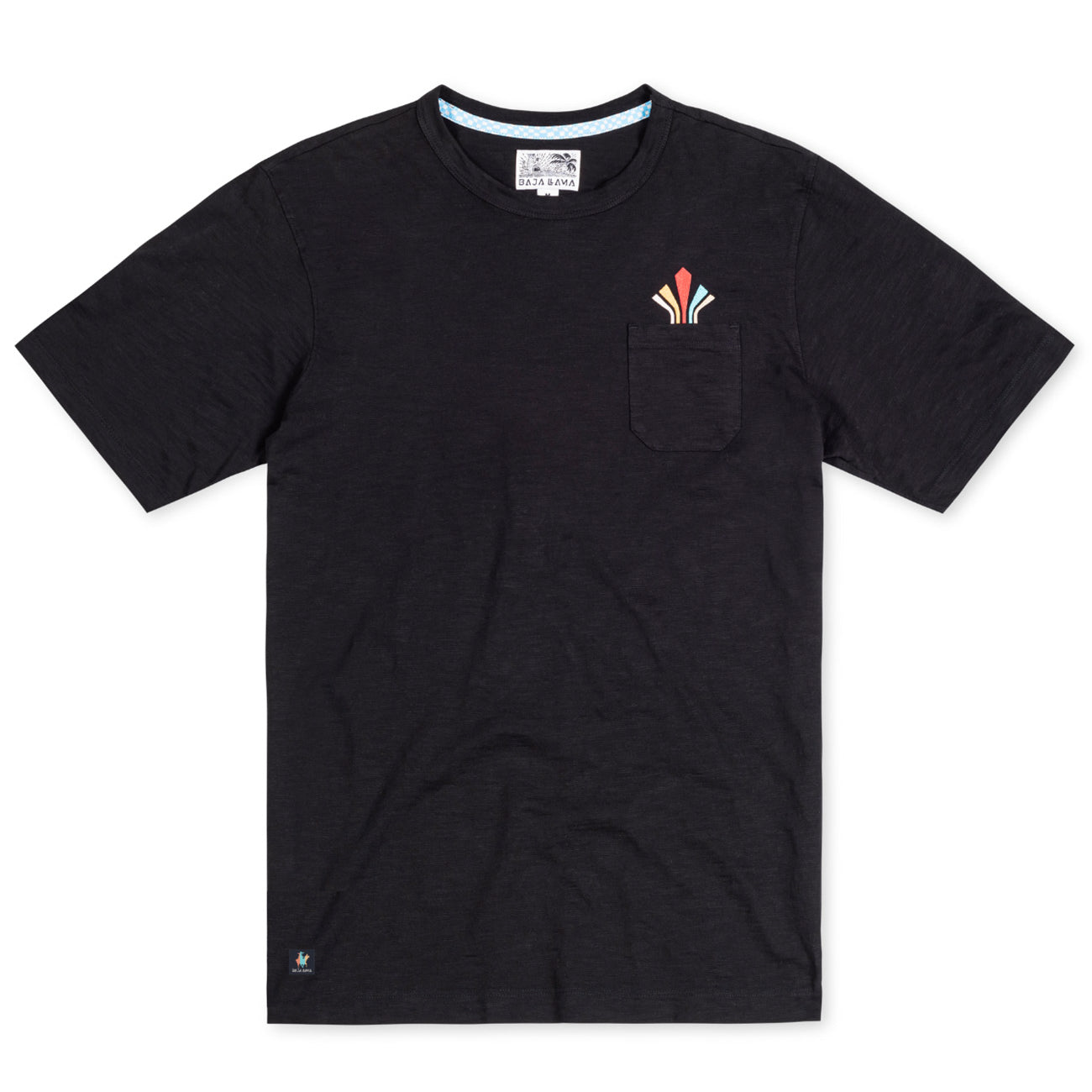 Baja Llama Retro League black slub pima cotton pocket t-shirt with retro chest embroidery.