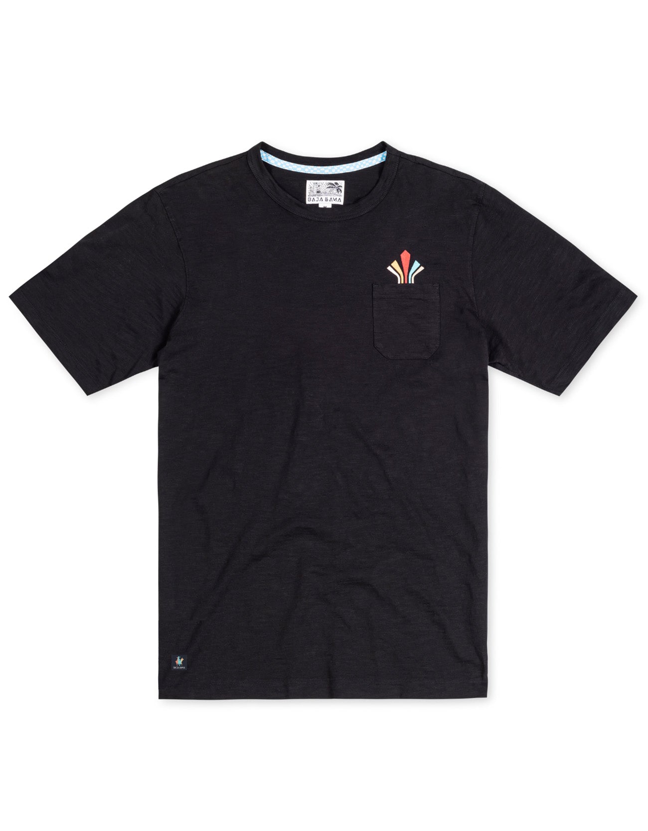Baja Llama Retro League black slub pima cotton pocket t-shirt with retro chest embroidery.