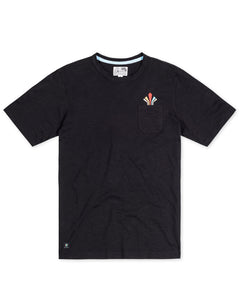 Baja Llama Retro League black slub pima cotton pocket t-shirt with retro chest embroidery.