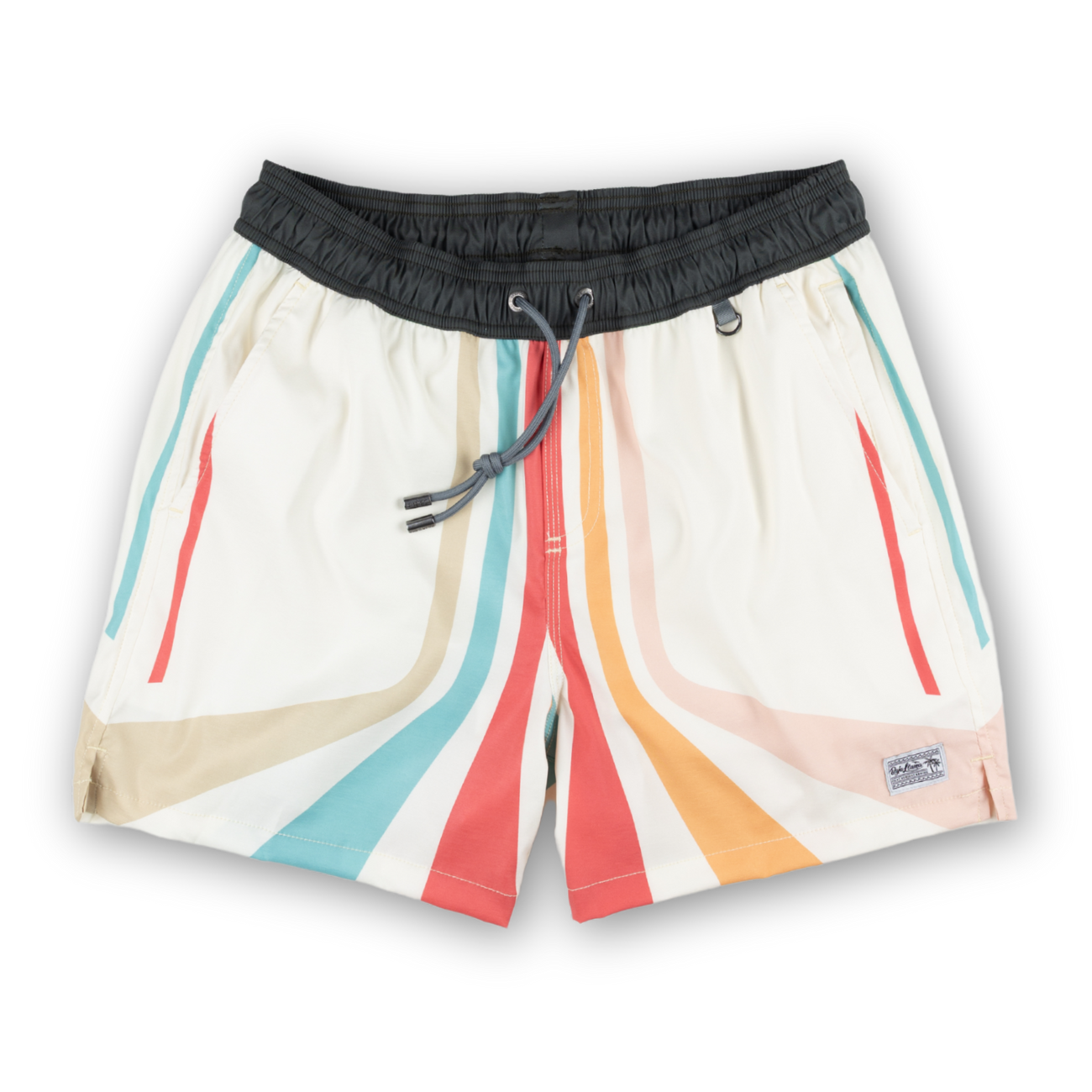 Retro-inspired swim shorts with bold, colorful stripes and a black waistband. Quick-dry fabric and a relaxed fit for ultimate comfort.