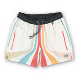 Retro-inspired swim shorts with bold, colorful stripes and a black waistband. Quick-dry fabric and a relaxed fit for ultimate comfort.