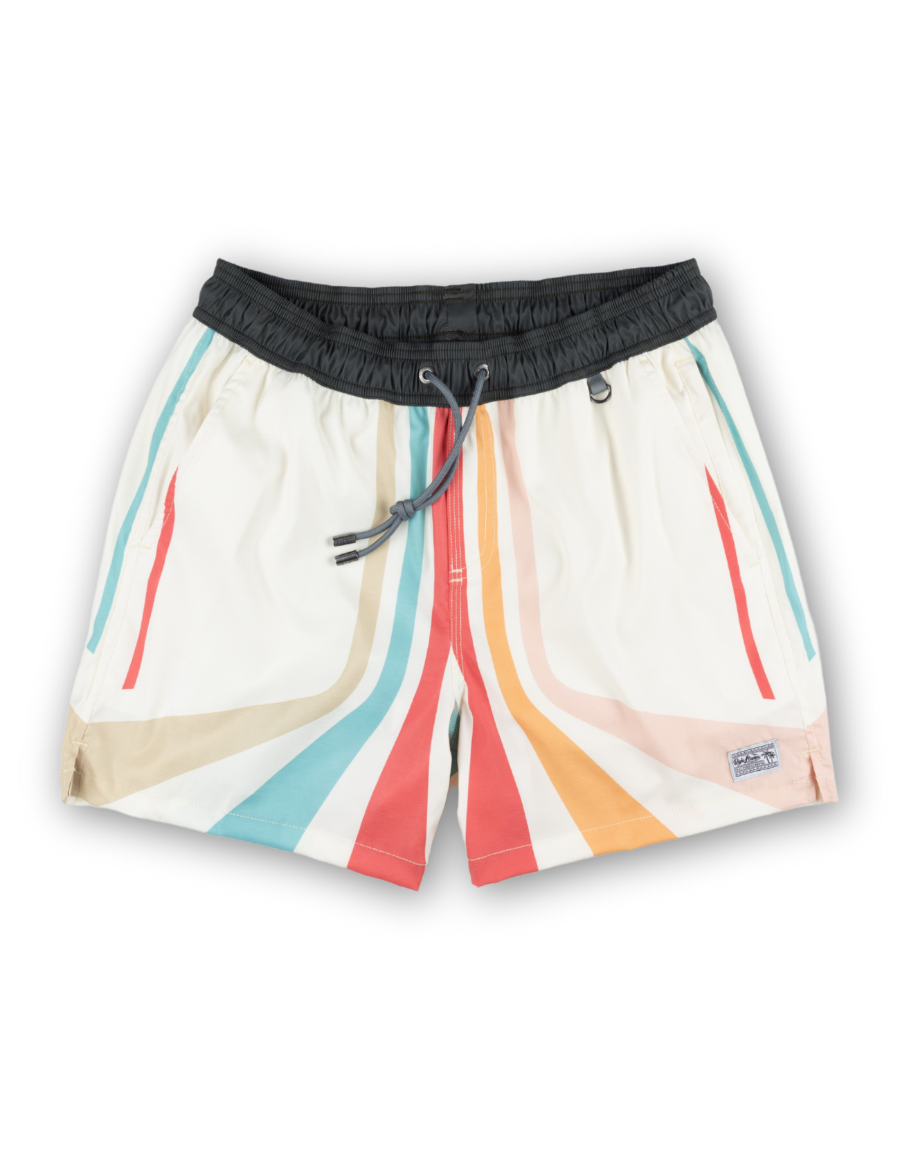 Retro-inspired swim shorts with bold, colorful stripes and a black waistband. Quick-dry fabric and a relaxed fit for ultimate comfort.