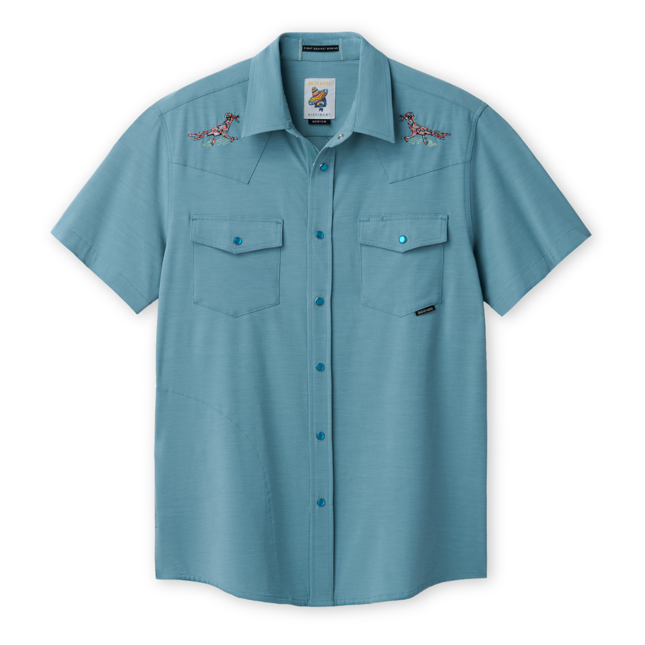Blue short-sleeve shirt with embroidered road runner designs on a white background