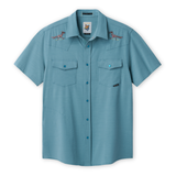 Blue short-sleeve shirt with embroidered road runner designs on a white background