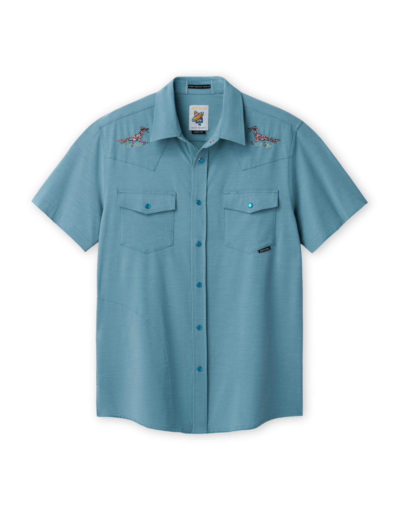 Blue short-sleeve shirt with embroidered road runner designs on a white background