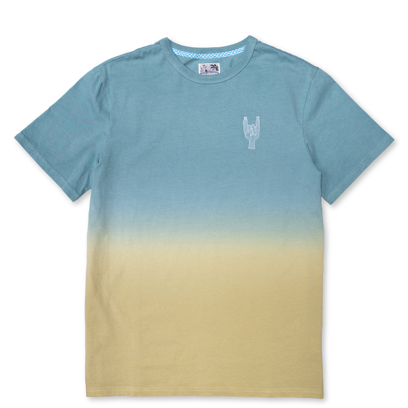 Baja Llama Rock On Cactus Embroidered Primo S.E. Heavy Tee featuring a blue-to-tan dip-dye gradient effect with a small white embroidered rock-on sign cactus on the left chest.