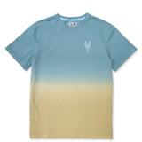 Baja Llama Rock On Cactus Embroidered Primo S.E. Heavy Tee featuring a blue-to-tan dip-dye gradient effect with a small white embroidered rock-on sign cactus on the left chest.