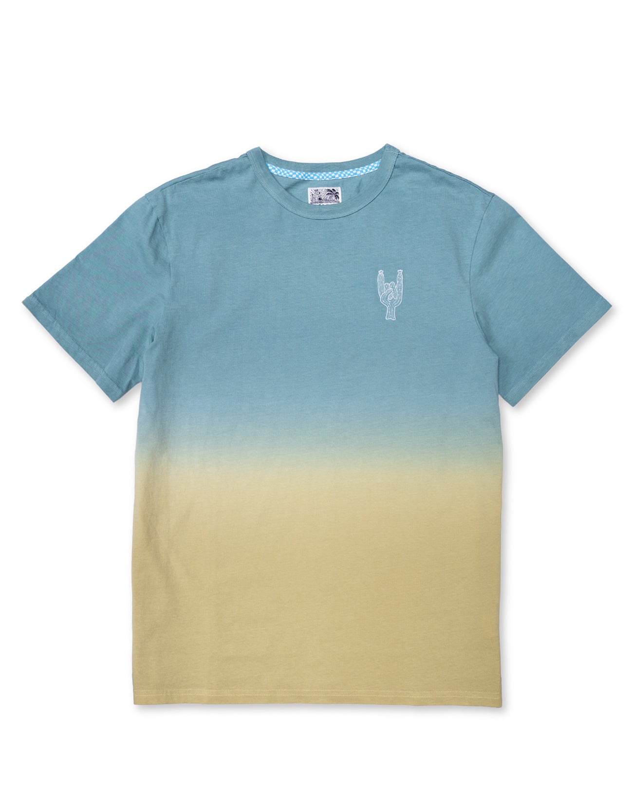 Baja Llama Rock On Cactus Embroidered Primo S.E. Heavy Tee featuring a blue-to-tan dip-dye gradient effect with a small white embroidered rock-on sign cactus on the left chest.