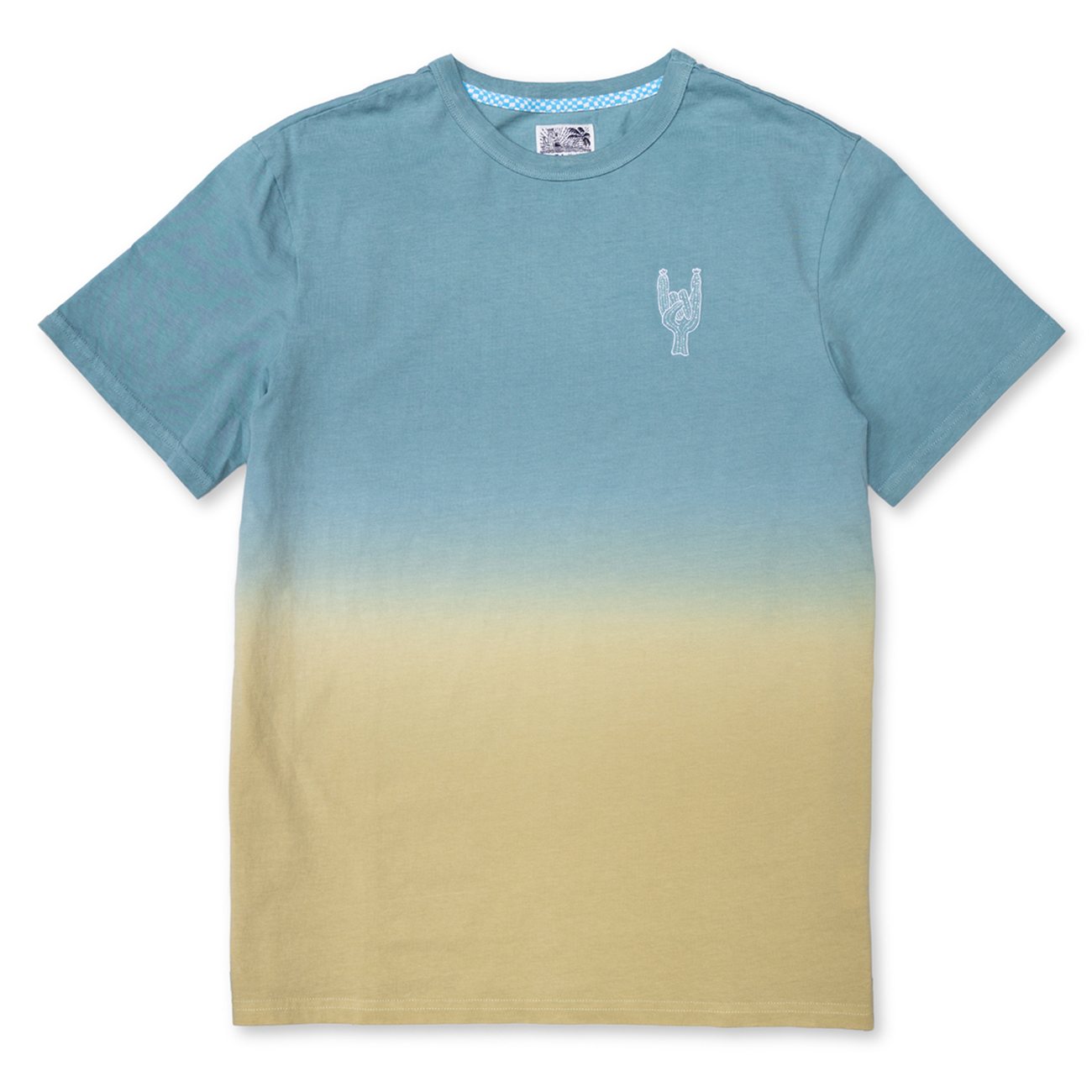 Baja Llama Rock On Cactus Embroidered Primo S.E. Heavy Tee featuring a blue-to-tan dip-dye gradient effect with a small white embroidered rock-on sign cactus on the left chest.