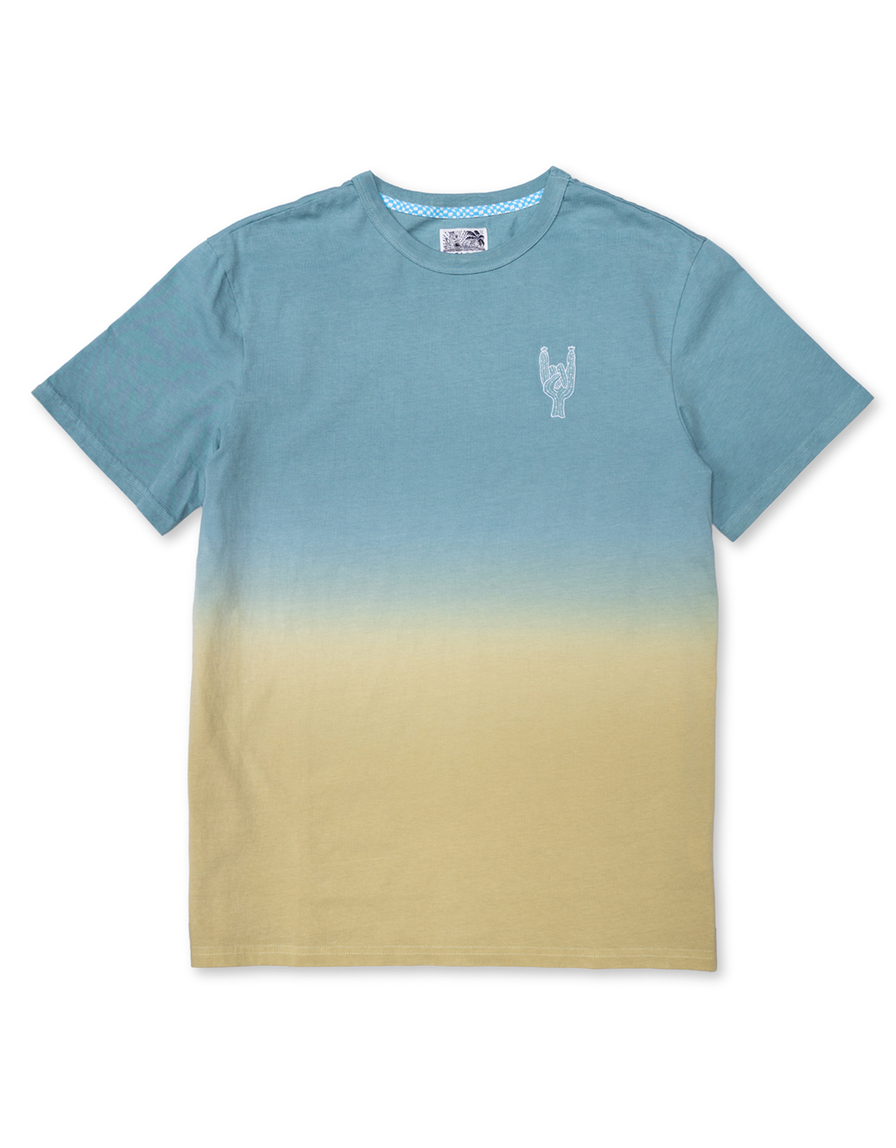Baja Llama Rock On Cactus Embroidered Primo S.E. Heavy Tee featuring a blue-to-tan dip-dye gradient effect with a small white embroidered rock-on sign cactus on the left chest.
