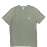 Baja Llama Greatful Dyed Rock On Cypress Green Heavy Tee featuring a chest pocket with a white embroidered rock-on sign cactus graphic