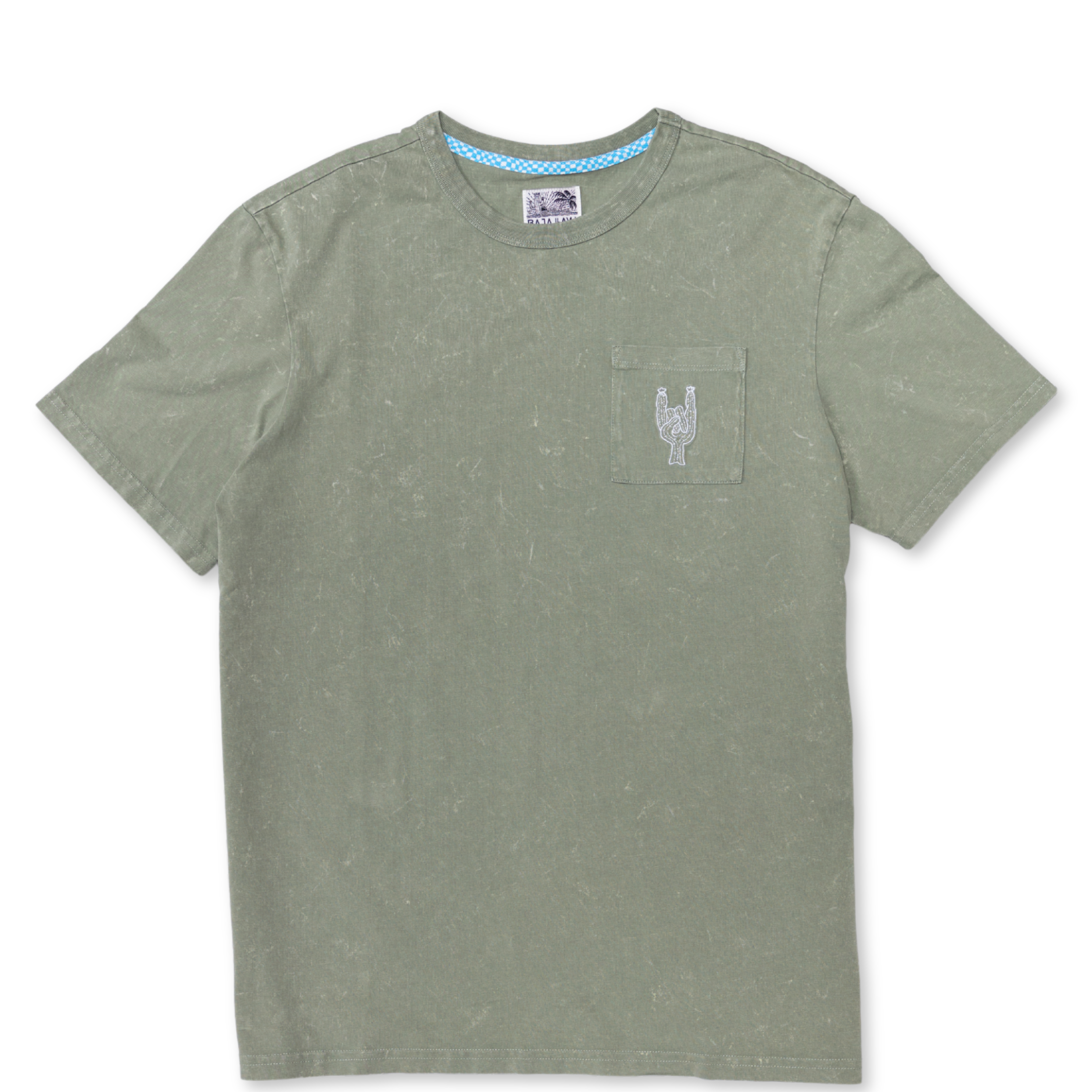 Baja Llama Greatful Dyed Rock On Cypress Green Heavy Tee featuring a chest pocket with a white embroidered rock-on sign cactus graphic