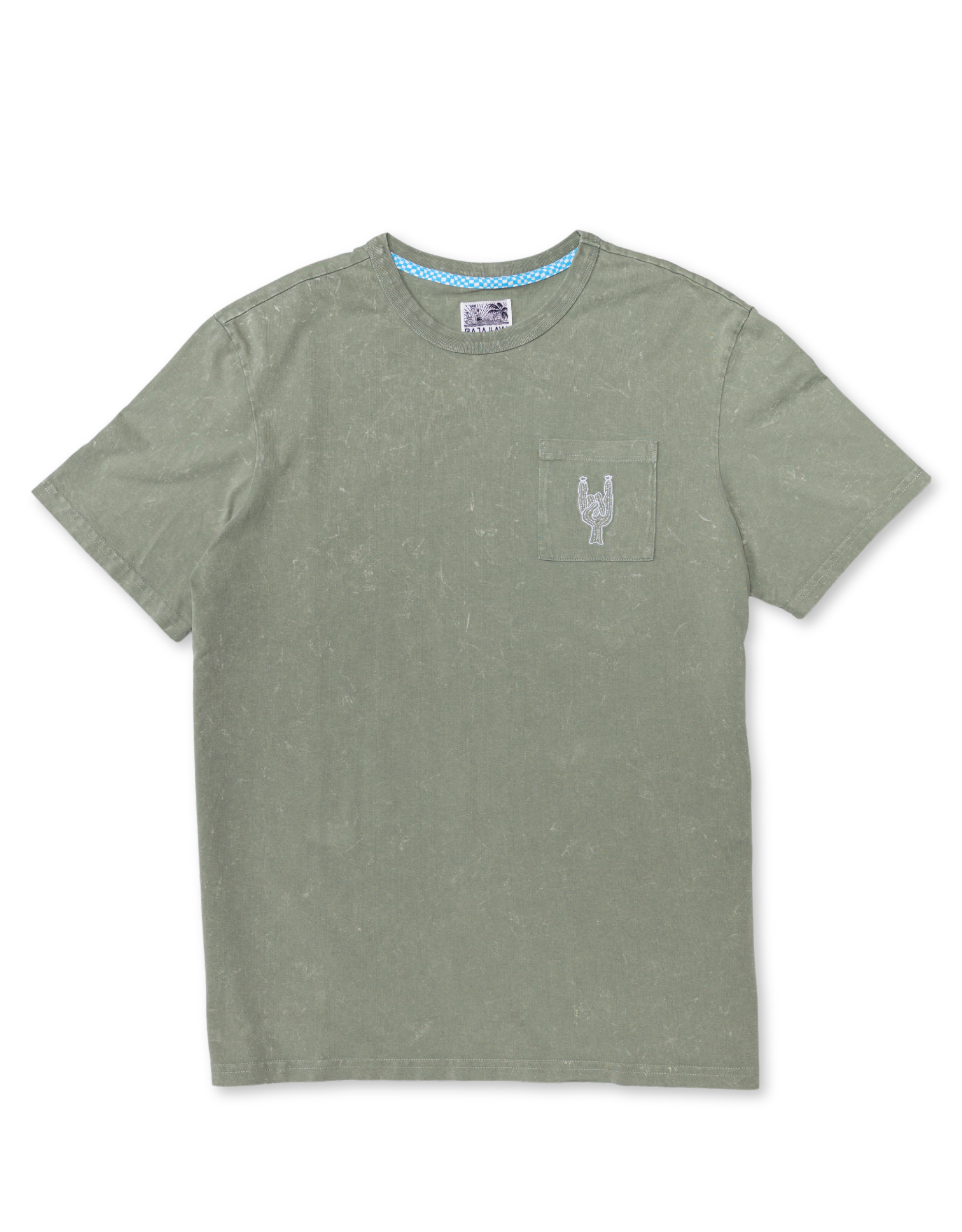 Baja Llama Greatful Dyed Rock On Cypress Green Heavy Tee featuring a chest pocket with a white embroidered rock-on sign cactus graphic