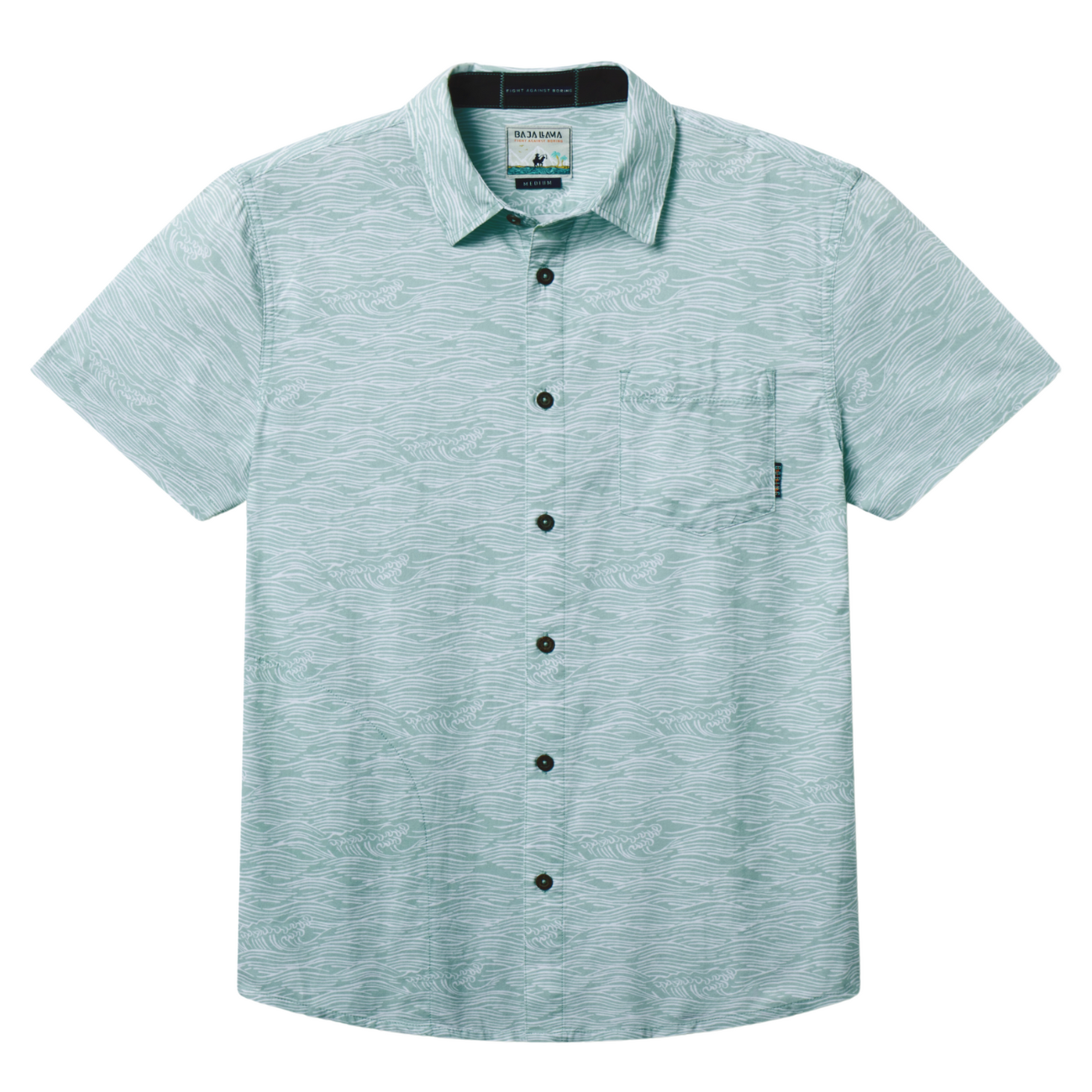 Baja Llama green wave stripe Print Cotton Viscose short sleeve button up shirt