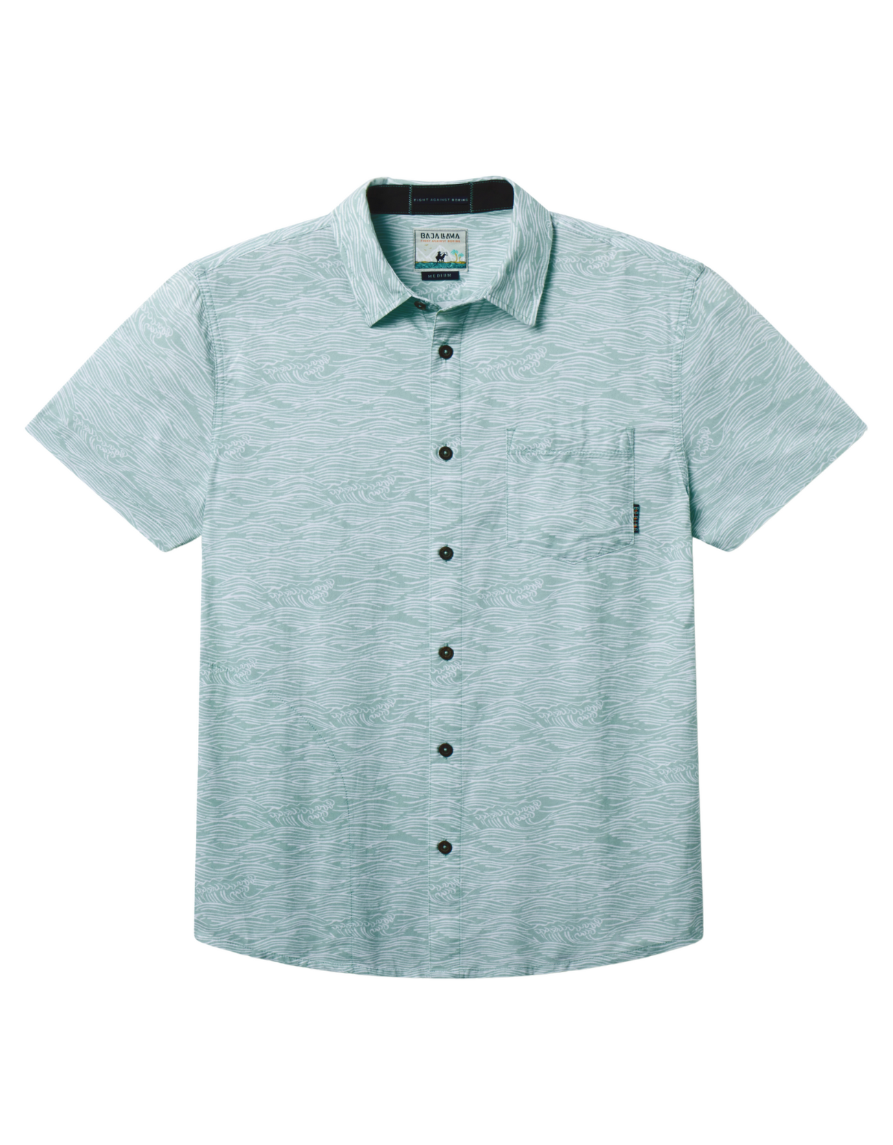 Baja Llama green wave stripe Print Cotton Viscose short sleeve button up shirt