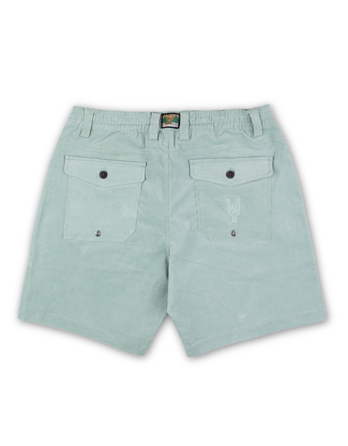 Rear view of men's Mint Green corduroy walkshorts by Baja Llama, highlighting the button-flap pockets, embroidered logo, and comfortable fit for outdoor activities.