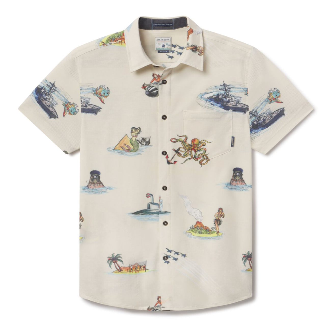 Flat lay of Sailor Stories Cream Vagabond recycled travel button-up shirt with bold print