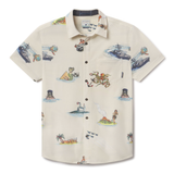Flat lay of Sailor Stories Cream Vagabond recycled travel button-up shirt with bold print