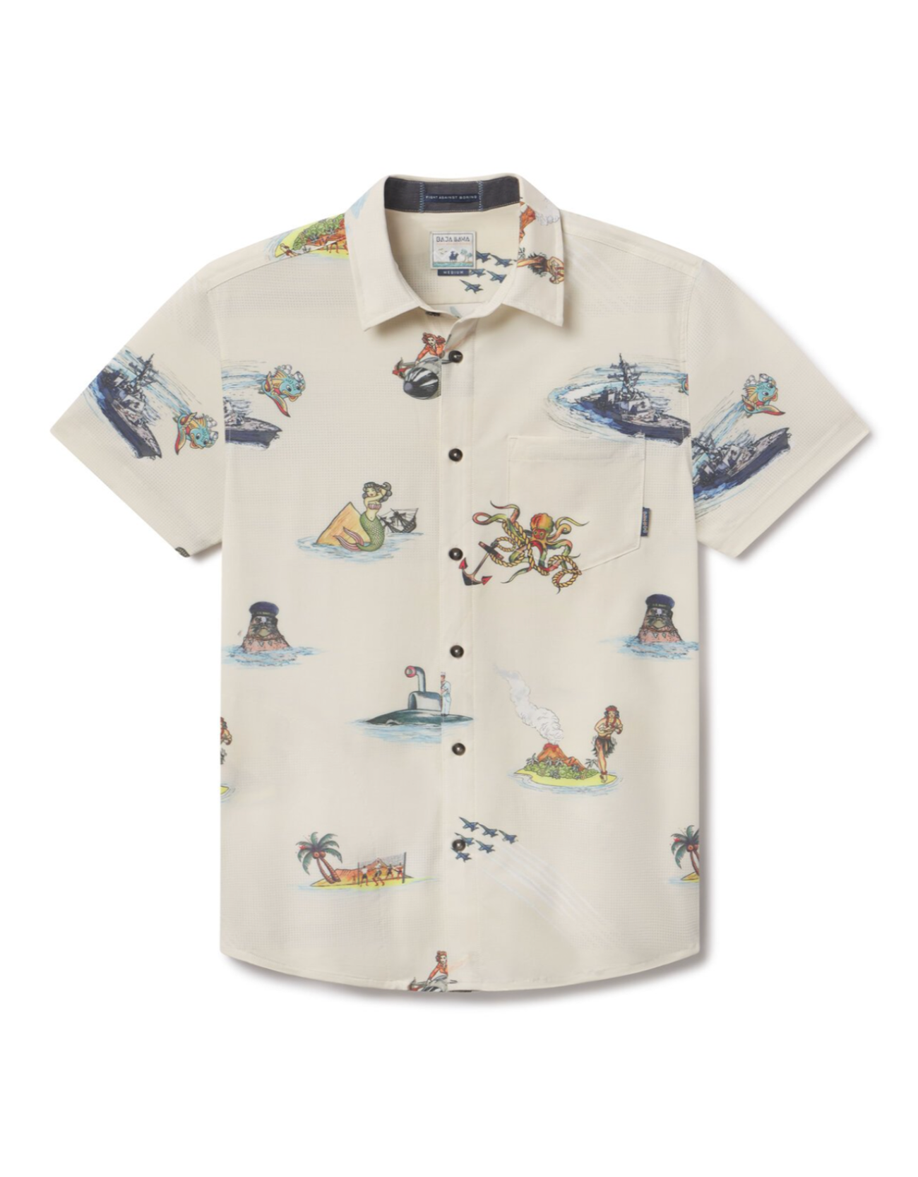 Flat lay of Sailor Stories Cream Vagabond recycled travel button-up shirt with bold print