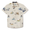 Flat lay of Sailor Stories Cream Vagabond recycled travel button-up shirt with bold print